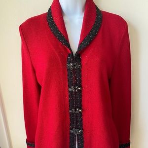 St John Evening Marie Gray Size 4 Red Zippered Jacket Top Black